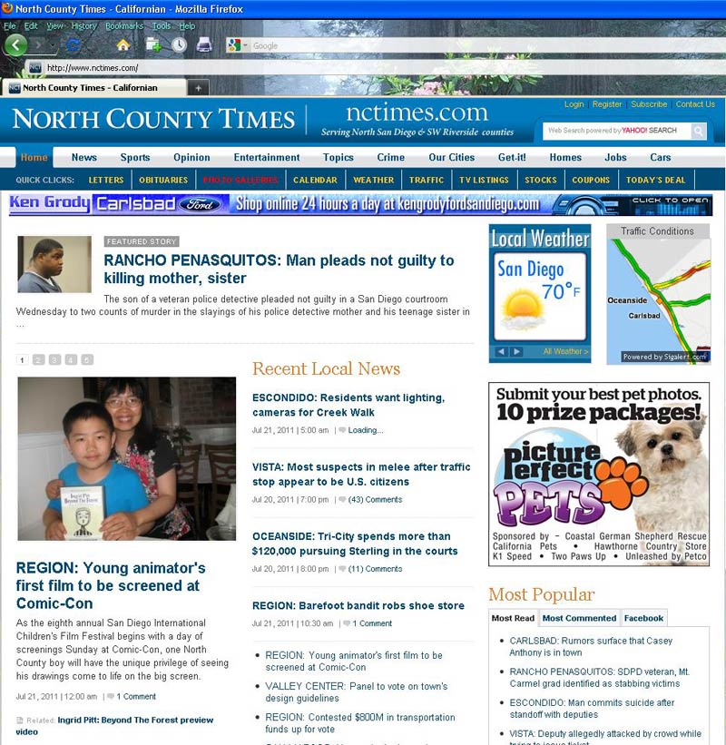 Screen capture of North County Times website