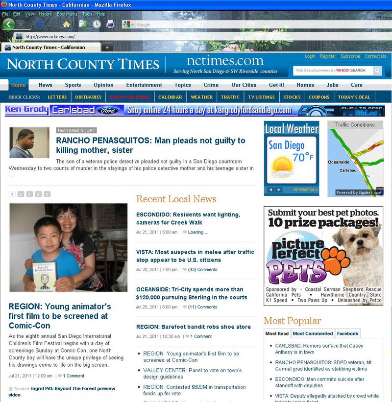 Screen capture of North County Times website